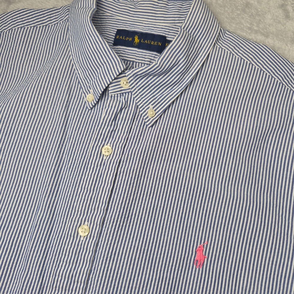 Ralph Lauren Short Sleeve Mens XXL Blue White Striped Seersucker Shirt Pink Pony
